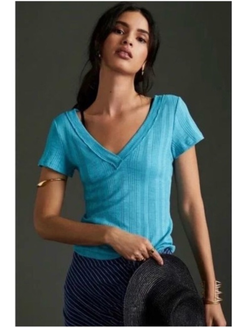 Anthropologie Pilcro Ribbed Knit V-Neck Short Sleeve T-Shirt Blue XS